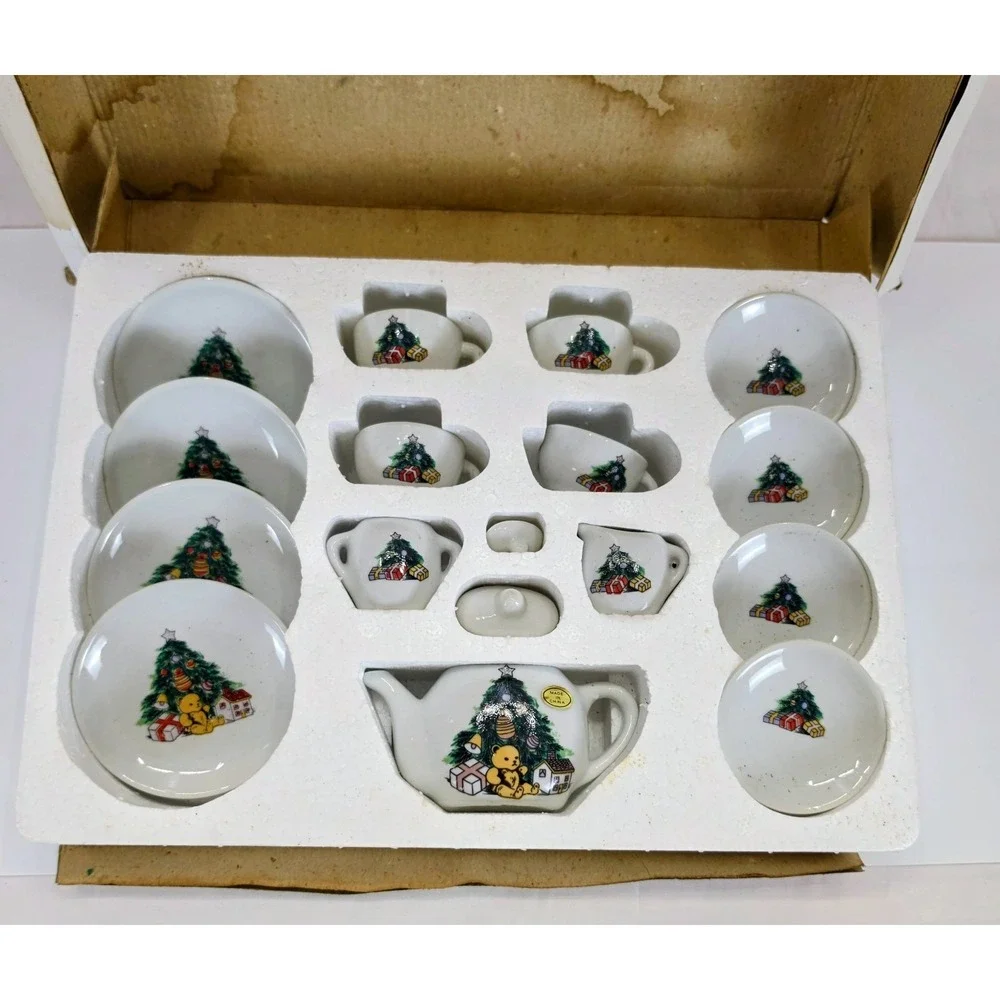 Vintage ABC Christmas Tree Teddy Bear Miniature China Tea Set 17 Pc Item 16765